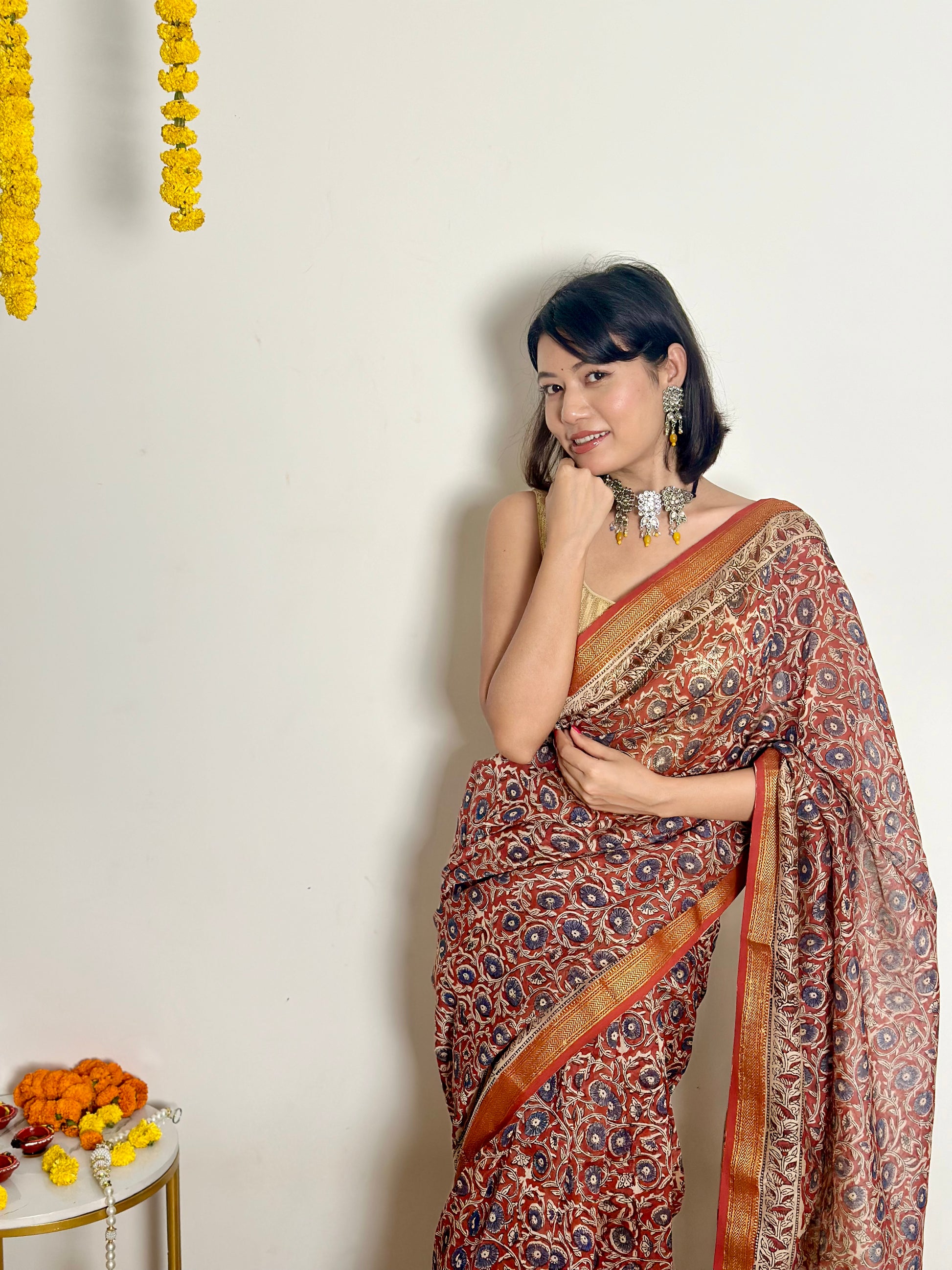 Nutan - Handblock Printed - Maheshwari Silk Saree