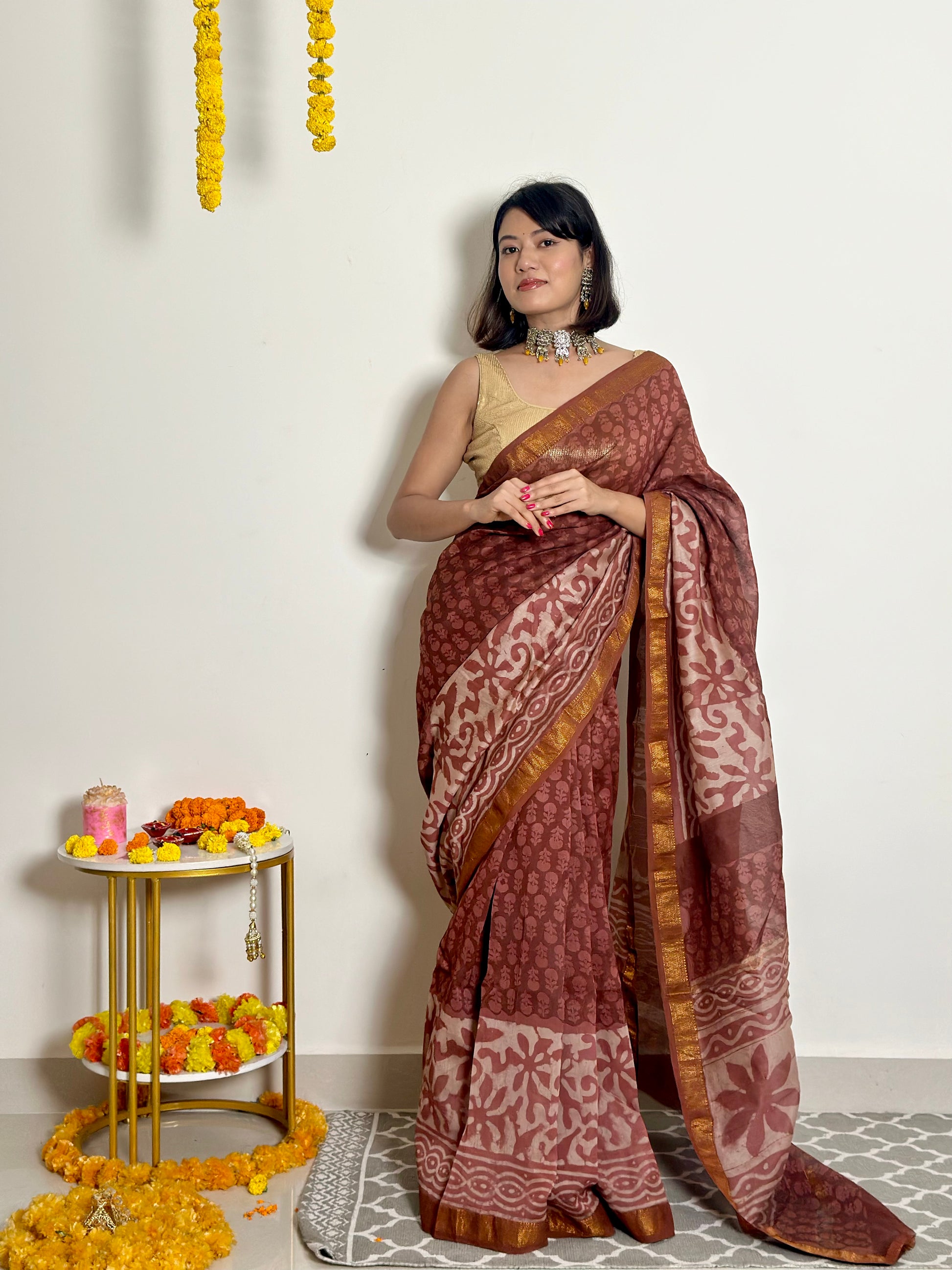 Phool - Handblock Printed - Maheshwari Silk Saree