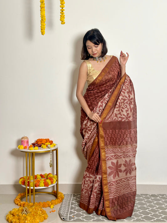 Phool - Handblock Printed - Maheshwari Silk Saree