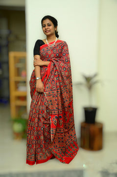 Classical Beauty - Red Ajrakh - Cotton Mulmul Handblock Saree