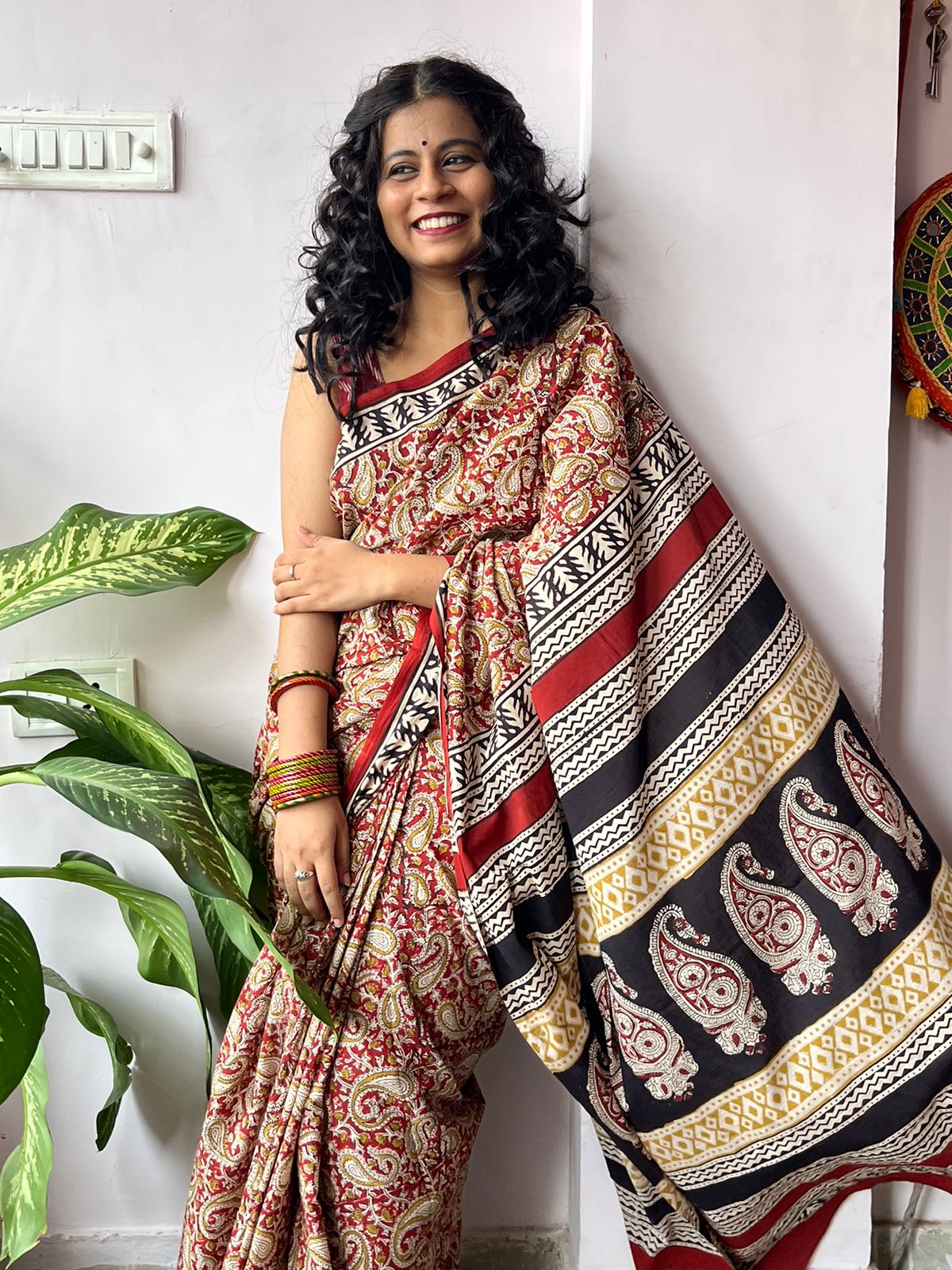 Rathodi - Bagru Natural Dyes Handblock Printed - Cotton Mulmul Saree