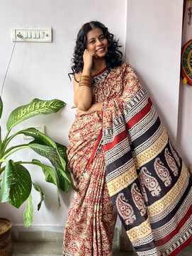 Rathodi - Bagru Natural Dyes Handblock Printed - Cotton Mulmul Saree