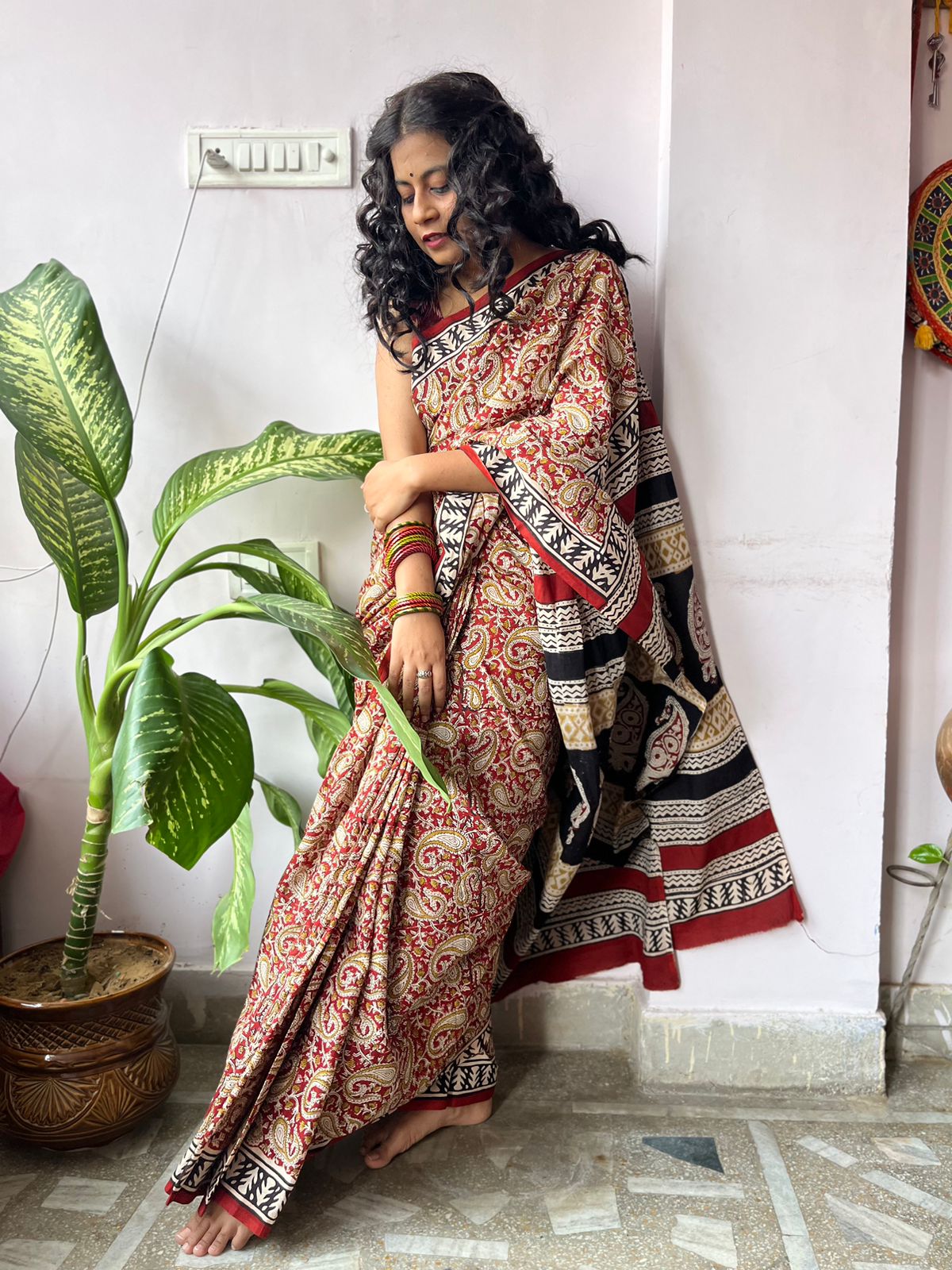 Rathodi - Bagru Natural Dyes Handblock Printed - Cotton Mulmul Saree