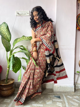 Rathodi - Bagru Natural Dyes Handblock Printed - Cotton Mulmul Saree