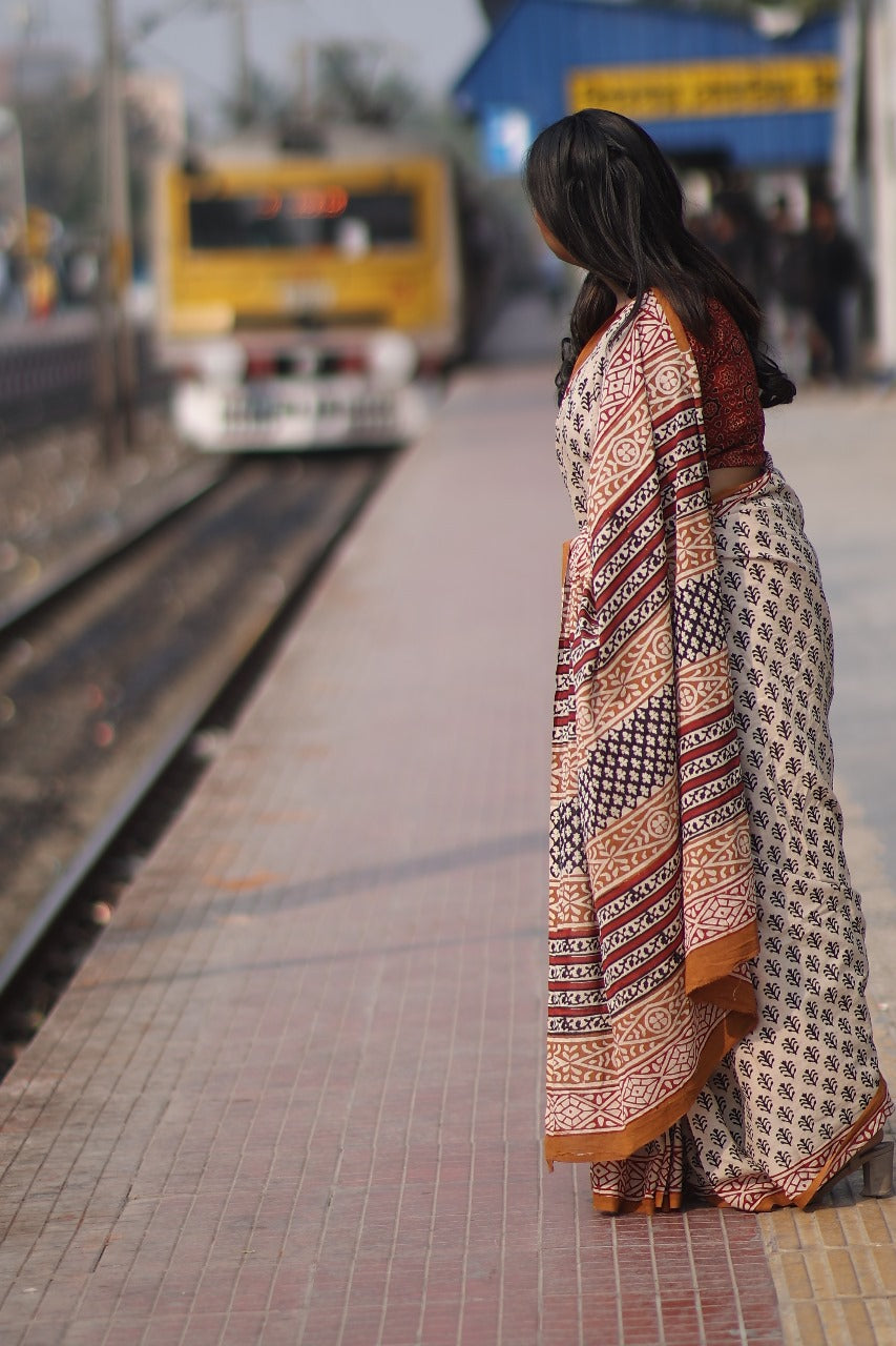 Beige Bagru Saree  - Handblock Print Natural Dyed - Mulmul Cotton Saree