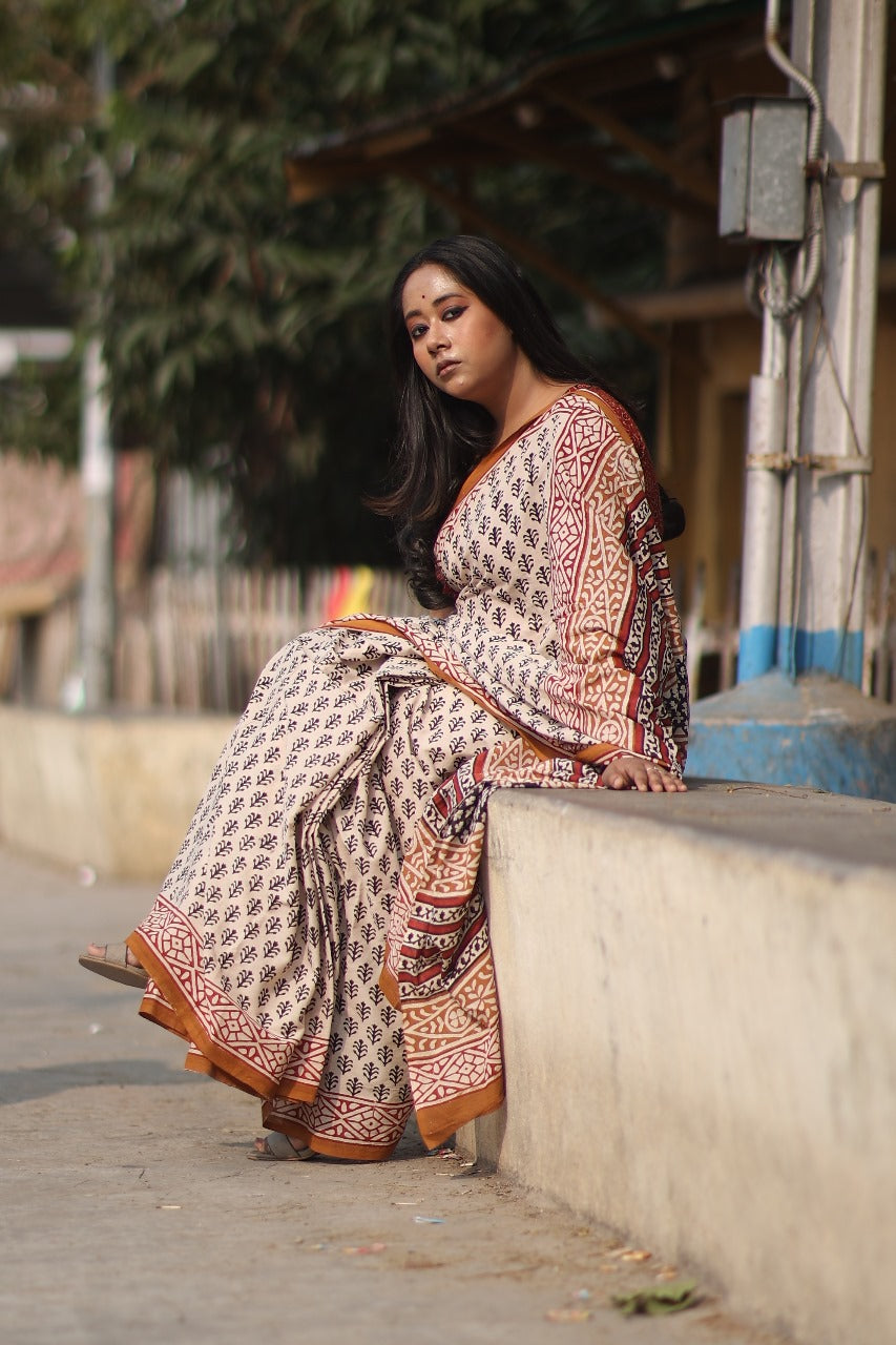 Beige Bagru Saree  - Handblock Print Natural Dyed - Mulmul Cotton Saree