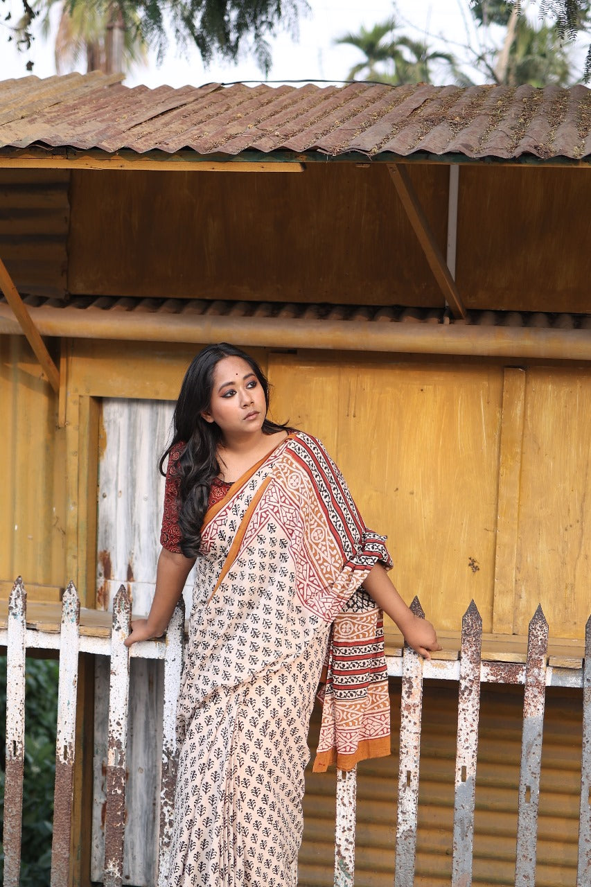 Beige Bagru Saree  - Handblock Print Natural Dyed - Mulmul Cotton Saree