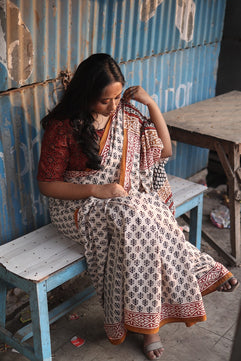 Beige Bagru Saree  - Handblock Print Natural Dyed - Mulmul Cotton Saree