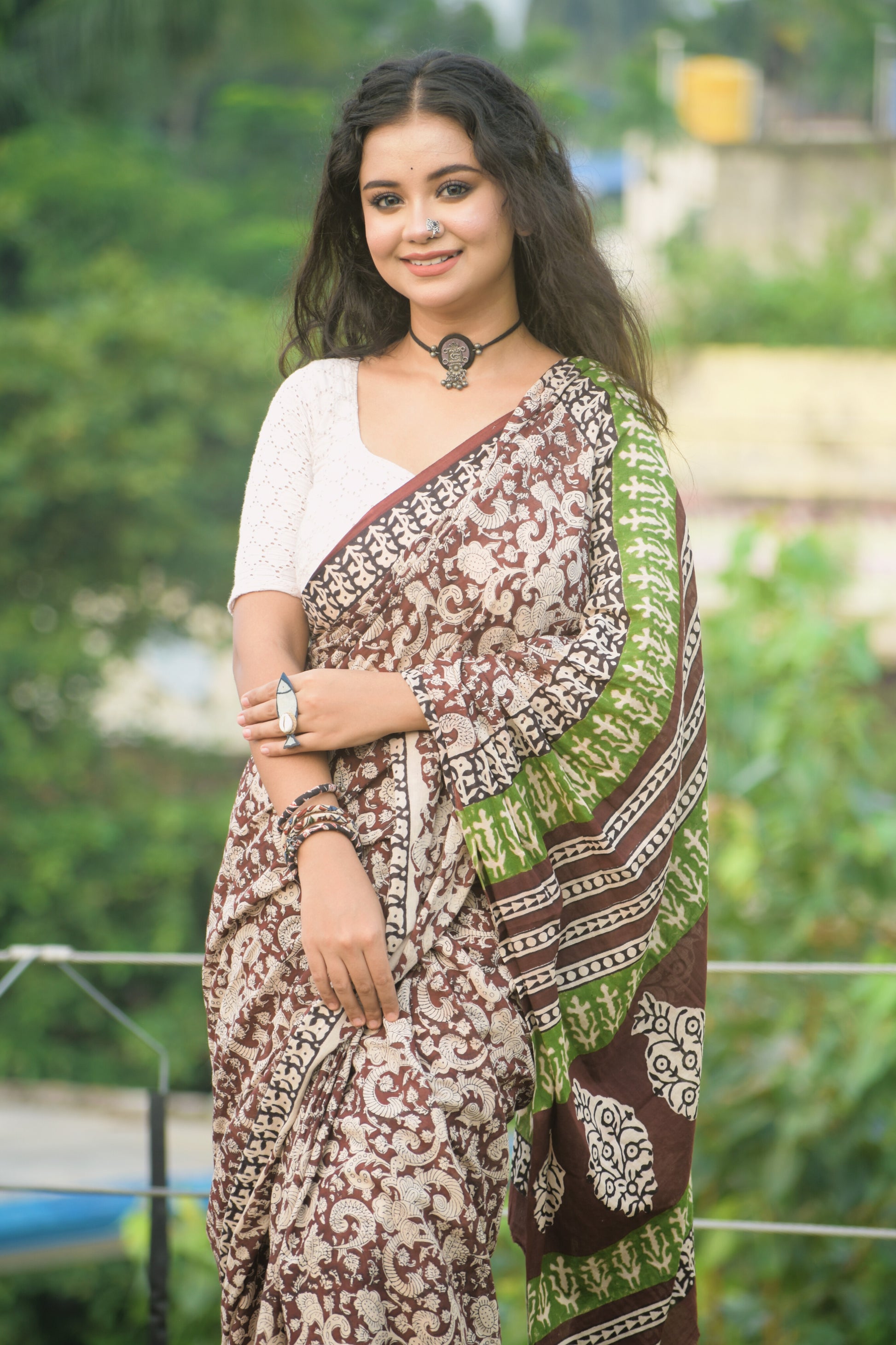 Dhaure - Bagru Natural Dyes Handblock Printed - Cotton Mulmul Saree