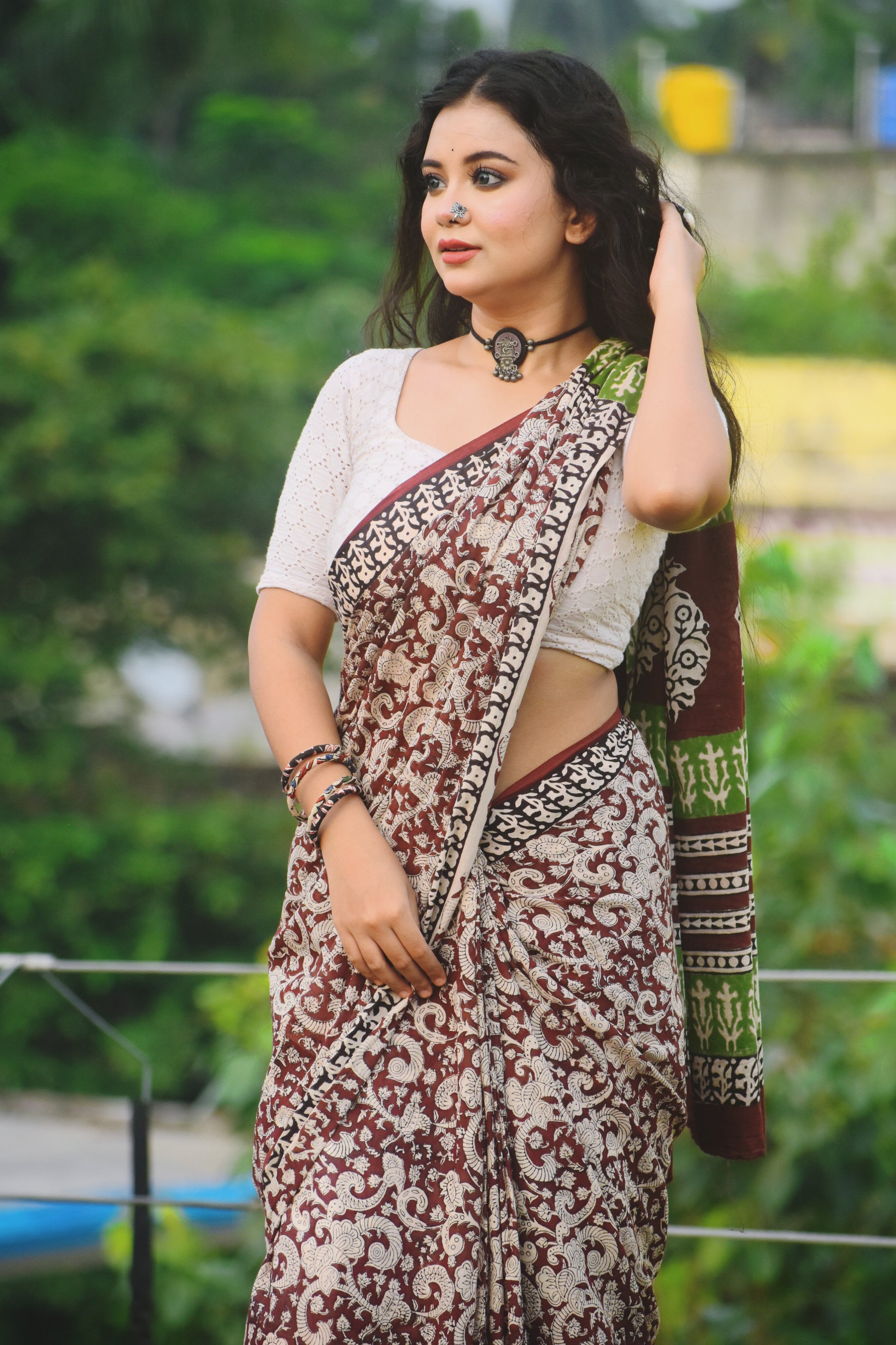 Dhaure - Bagru Natural Dyes Handblock Printed - Cotton Mulmul Saree