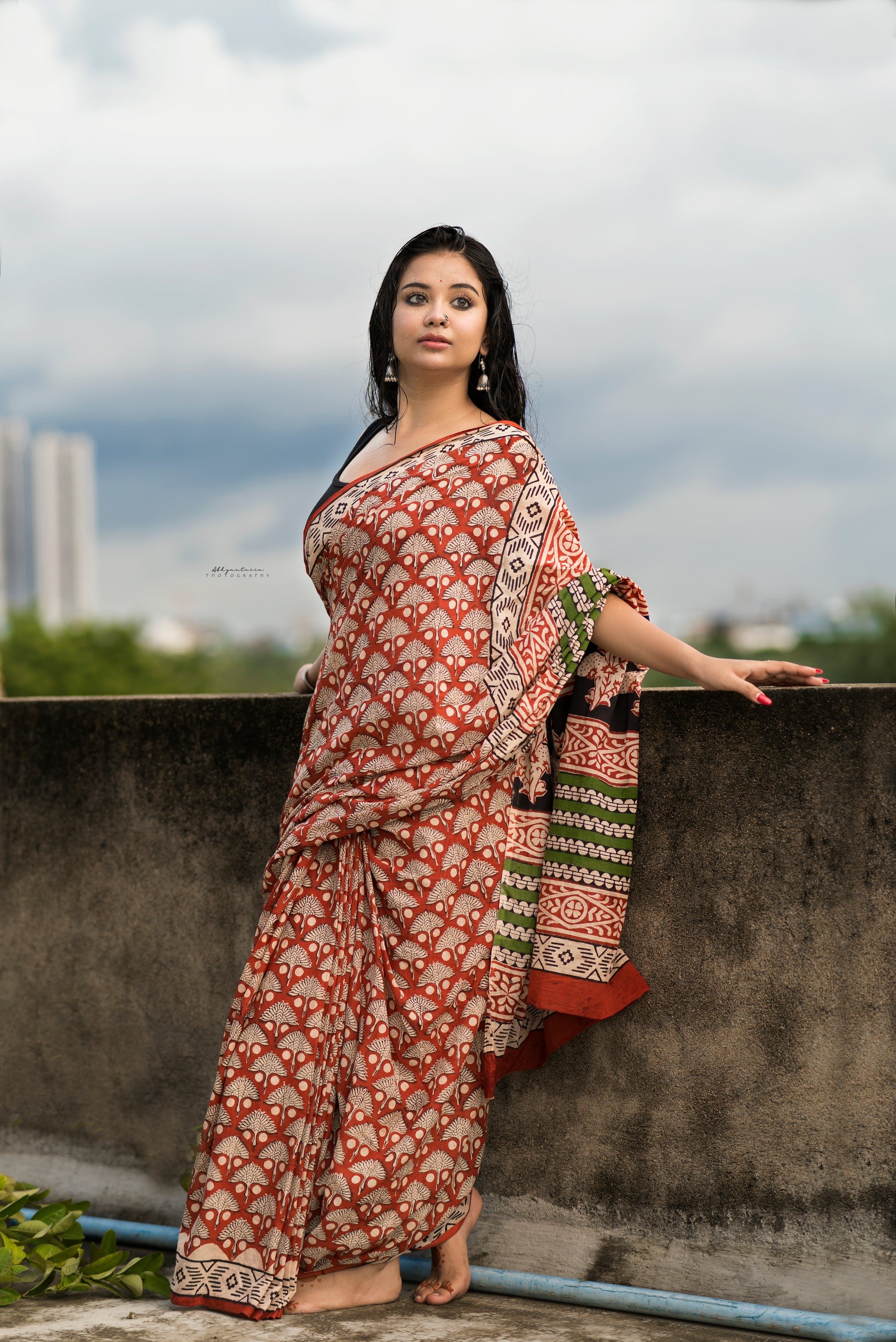 Chilgoza- Bagru Natural Dyes Handblock Printed - Cotton Mulmul Saree