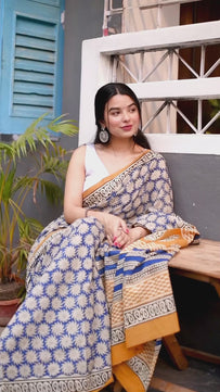 Blue Jasmine - Bagru Handblock Print Natural Dyed -  Blue Mulmul Cotton Saree