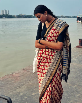 Red Chilli - Bagru Natural Dyes Handblock Printed - Maheshwari Silk Saree